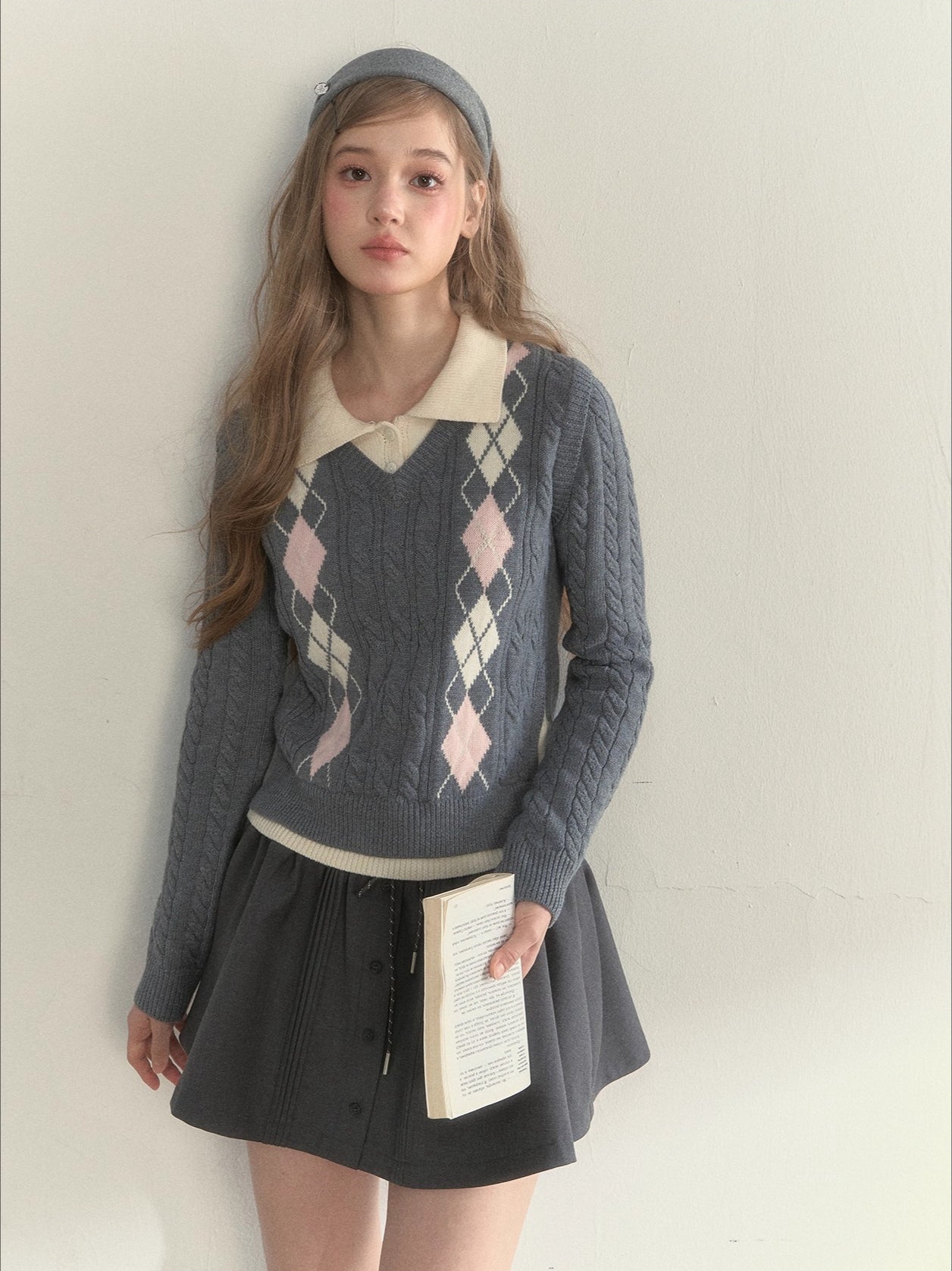 Argyle Cable Faux Two-Piece Sweater