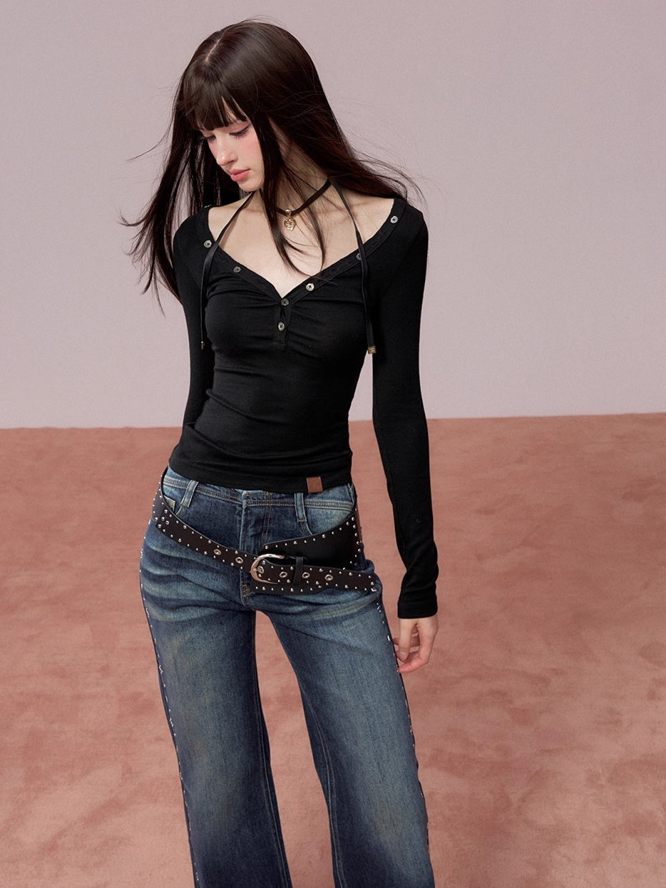 Button Detail Crewneck Top