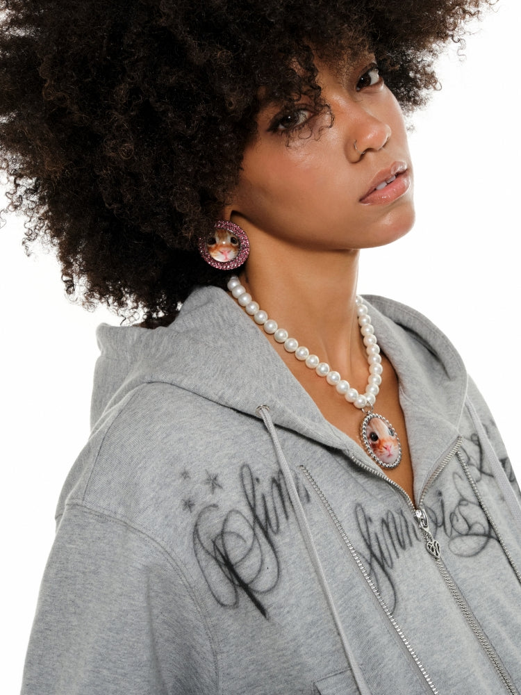 White & Gray Cropped Hoodie Cardigan