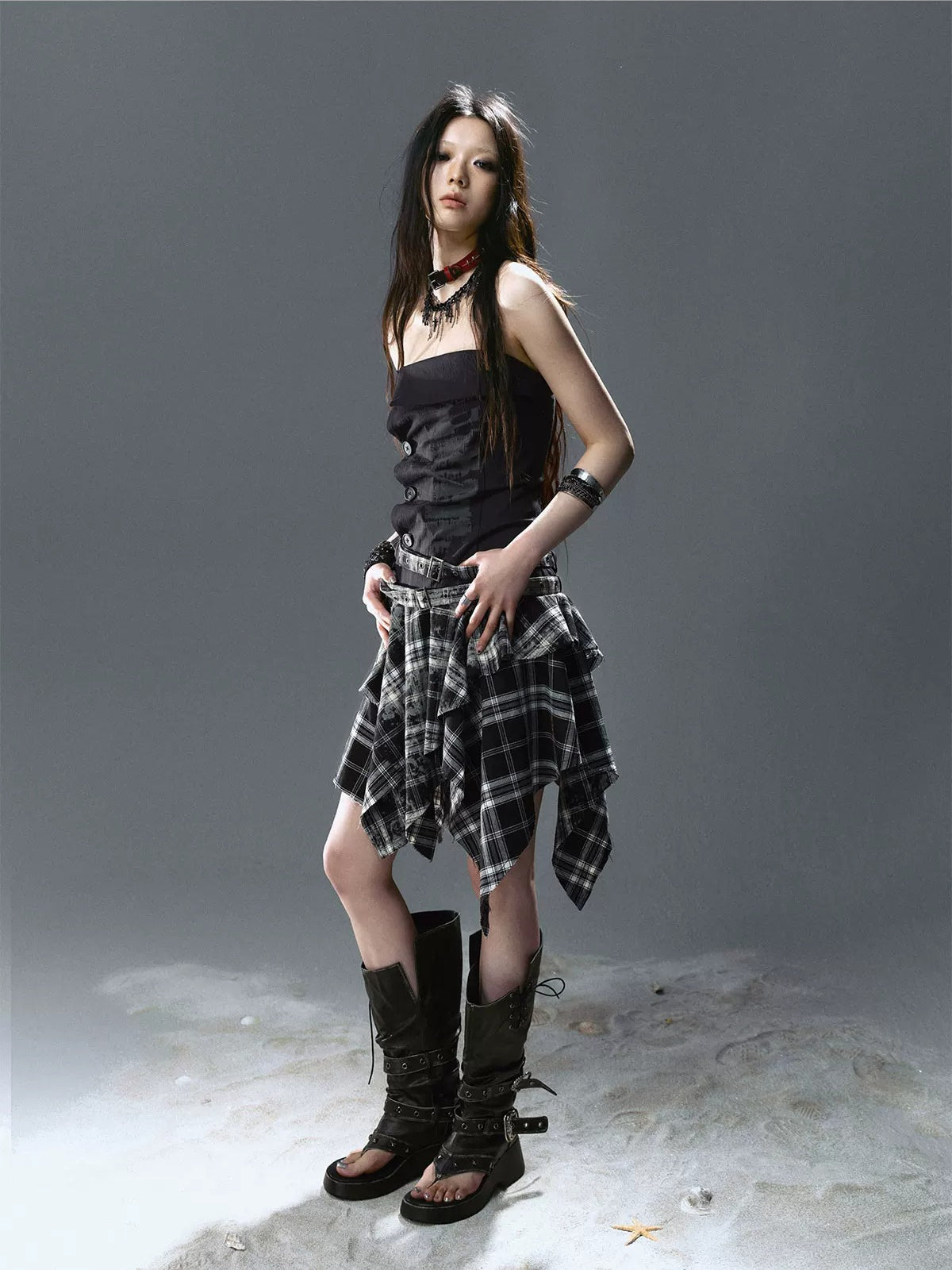 Graffiti Ruched Plaid Bustier Dress