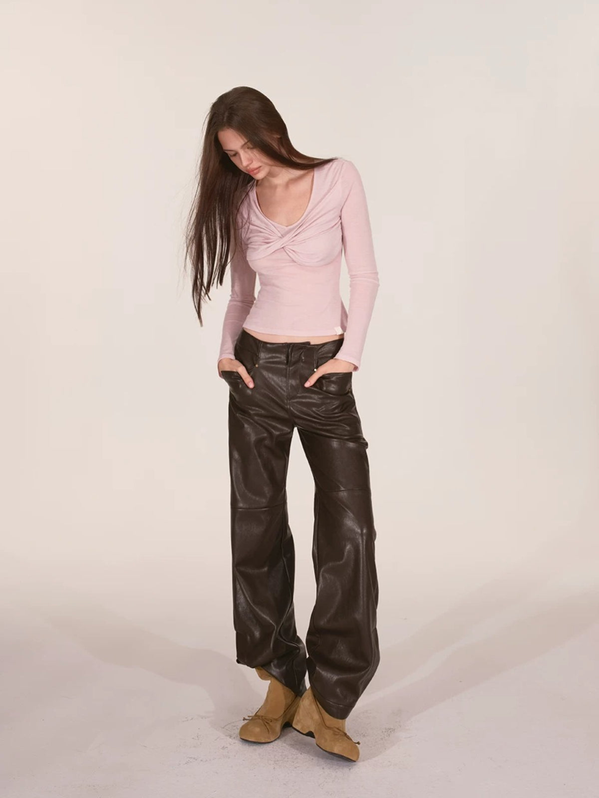 Paneled Faux Leather Wide-Leg Pants