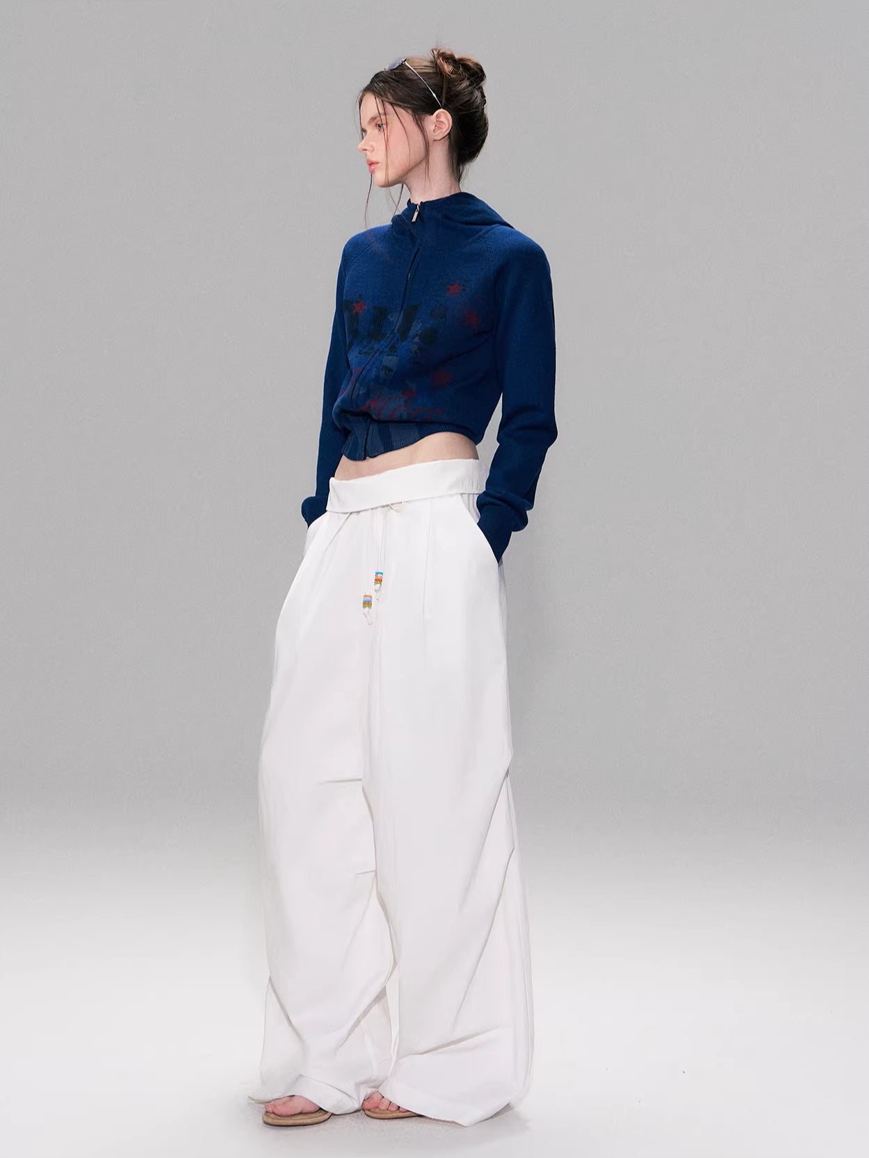 White Beaded Fold Waist Pants