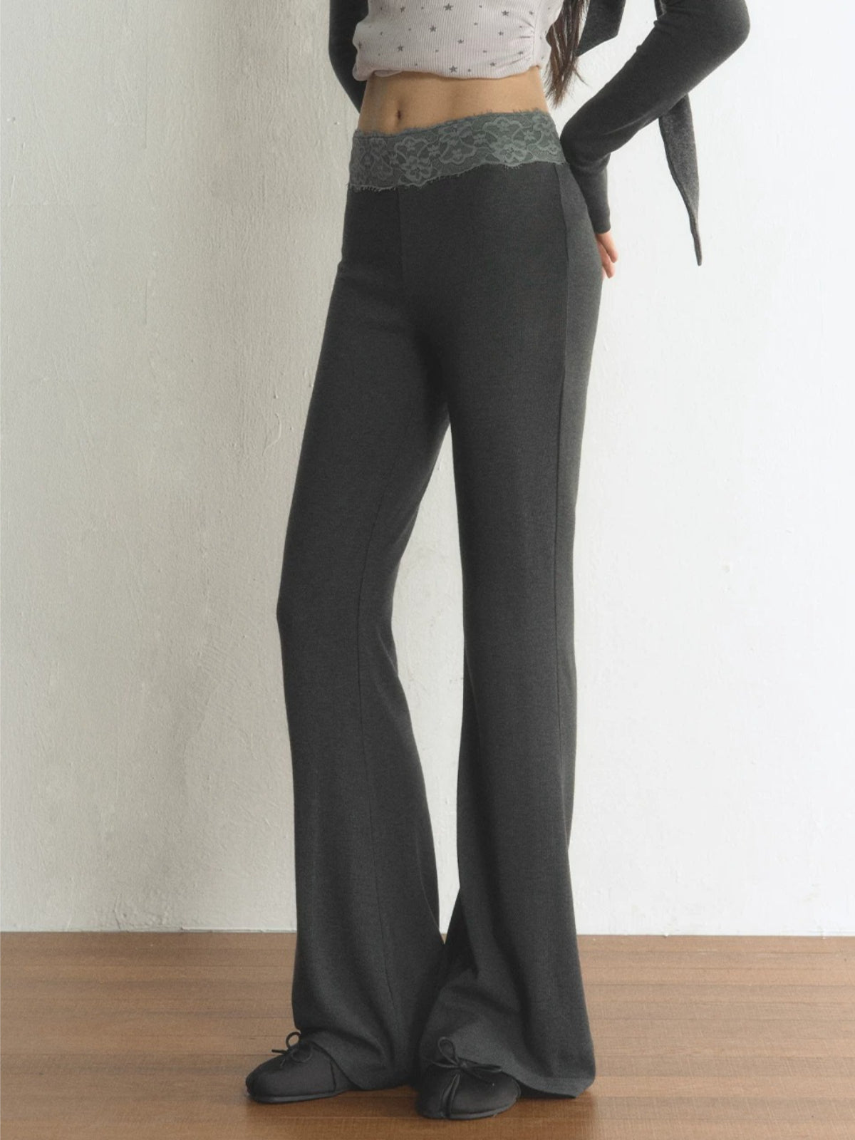 Lace Waist Soft Knit Flared Pants