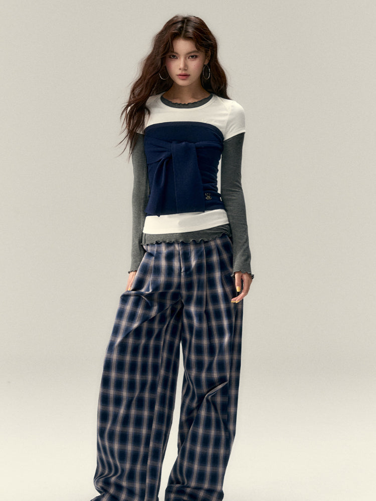 Gray & Navy Blue Tie-Knitted Top