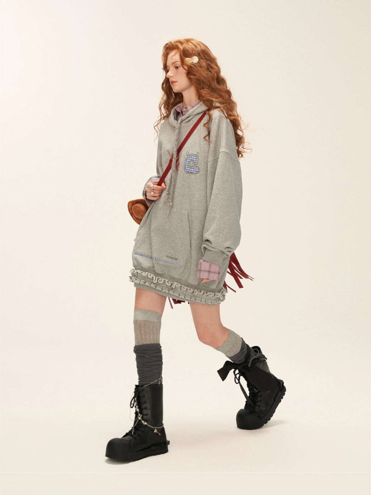Plaid Embroidered Hooded Sweatshirt Dress