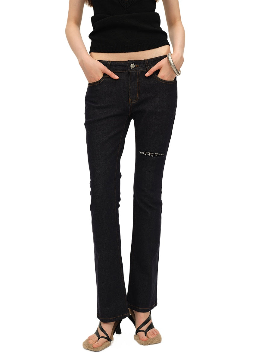 Dark Blue Lace Paneled Cutout Slim Jeans