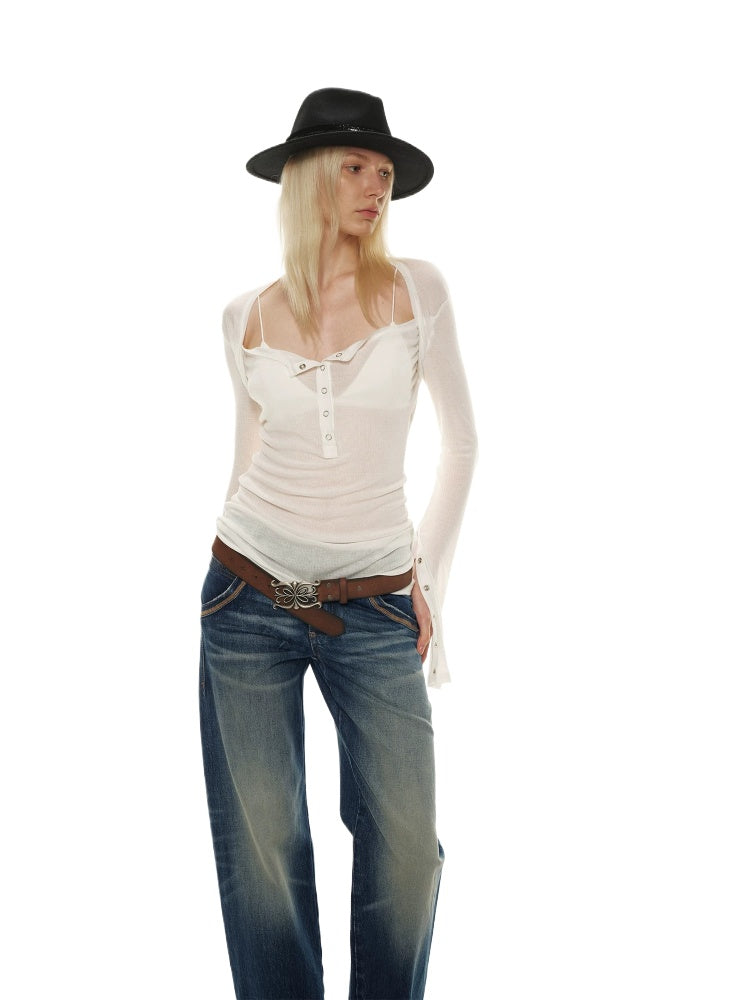 Sheer Henley Flare Top