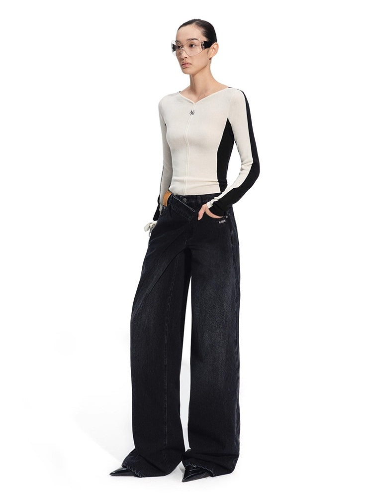 Contrast-Trim Fitted Knit V-neck
