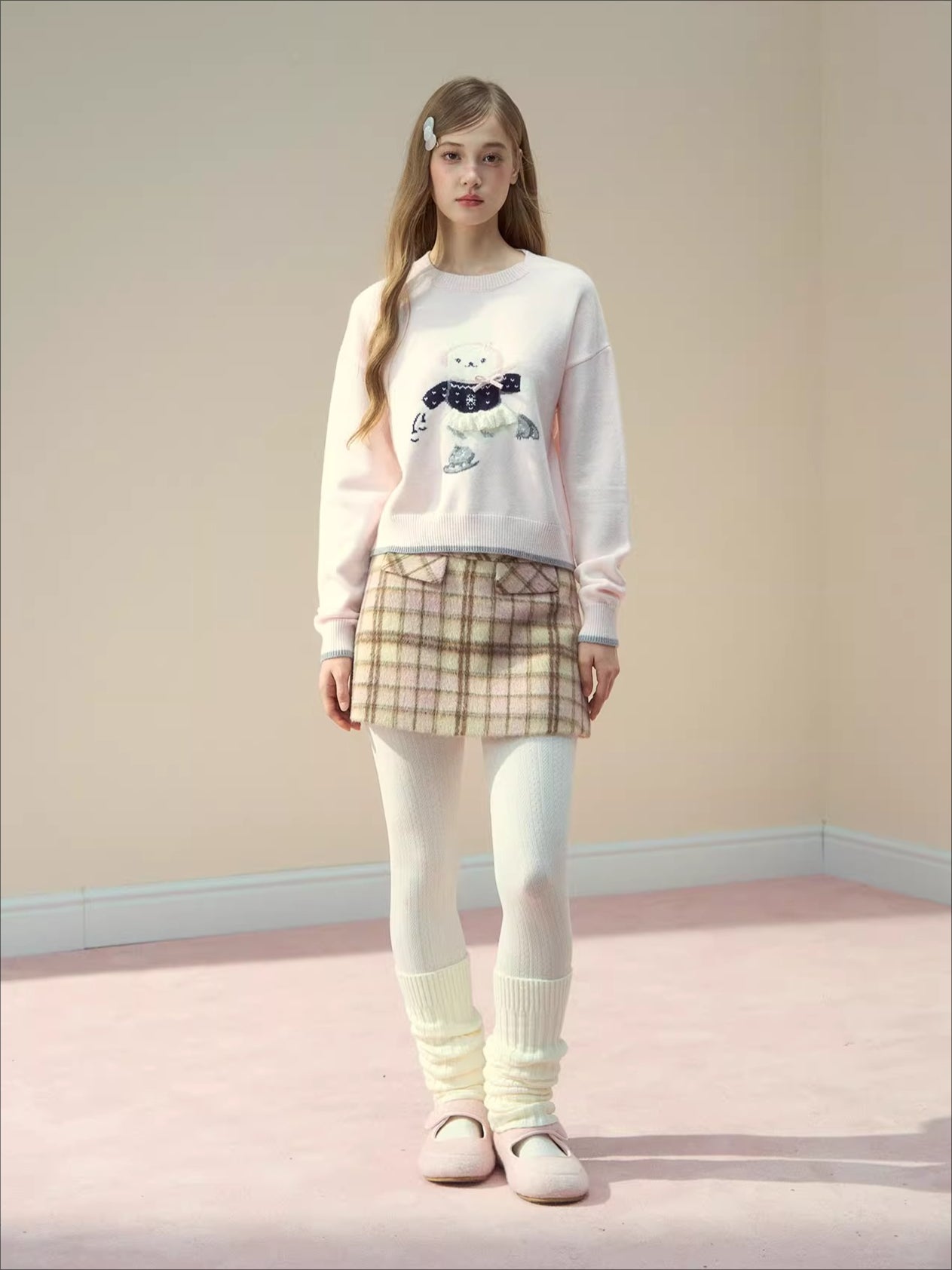 Pink & Brown Plaid A-line Wool Skirt