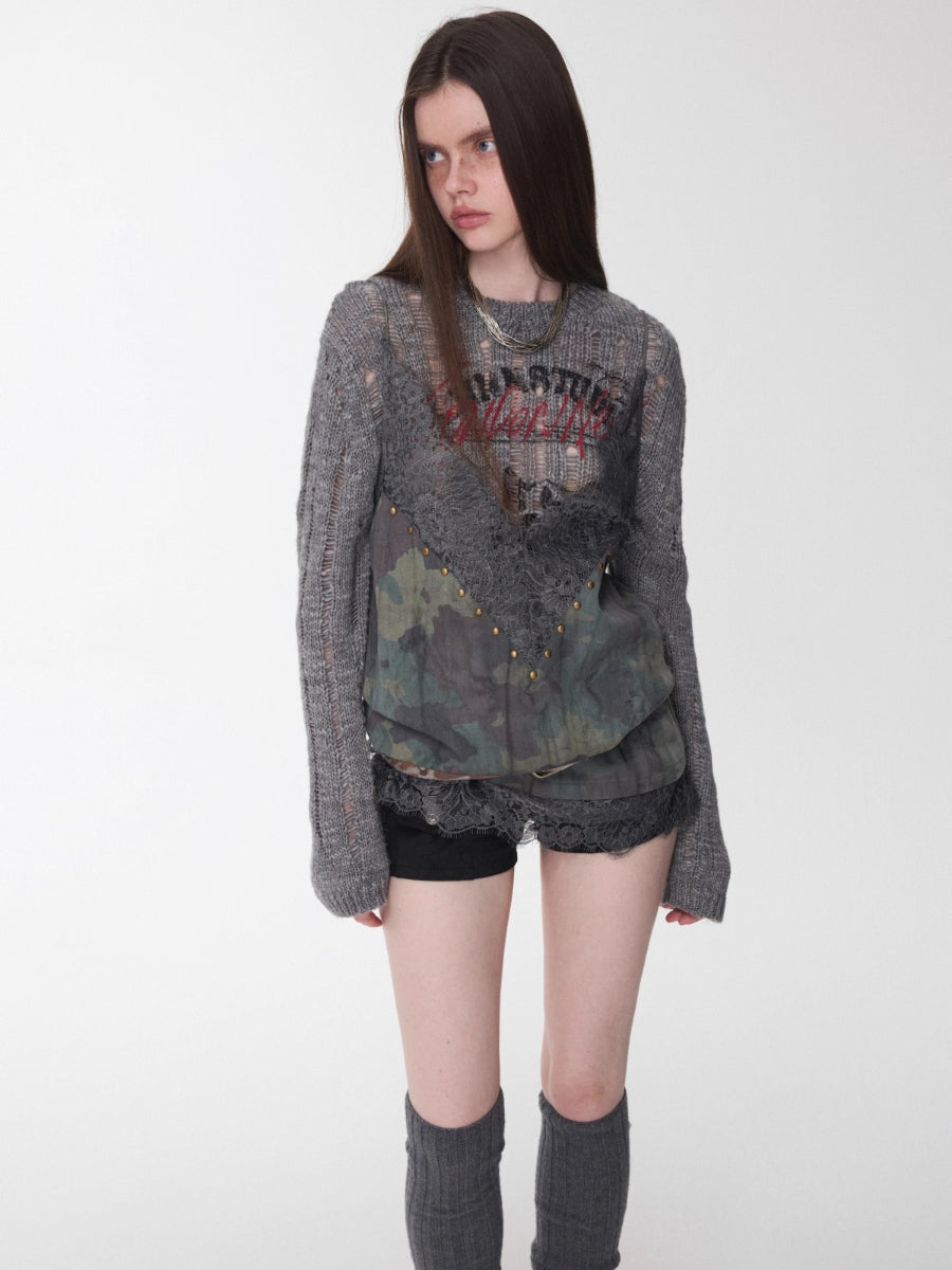 Camouflage V-Neck Lace Rhinestone Cami Top