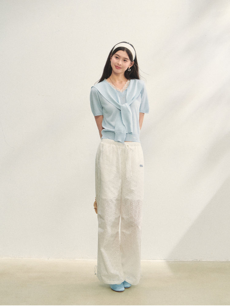 Hollow Embroidery Tie-up Casual Pants