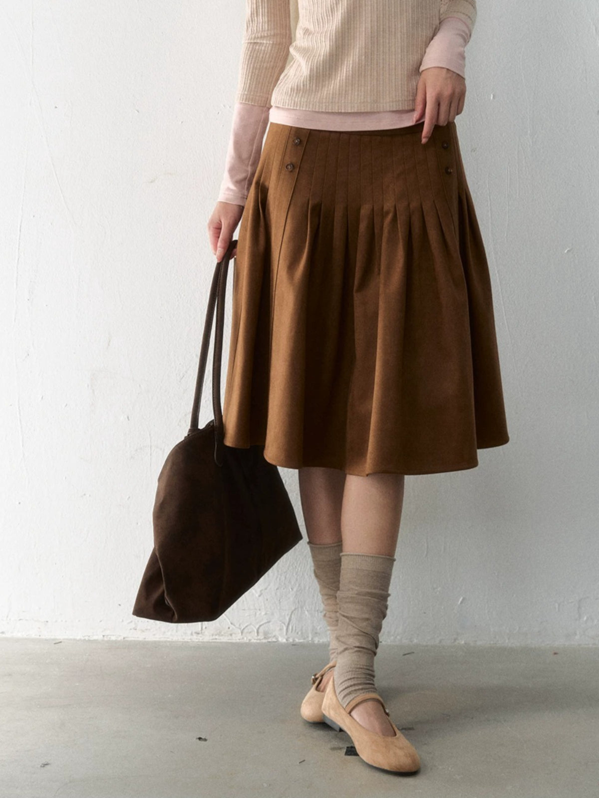 Side-Button Faux Suede Pleated Skirt