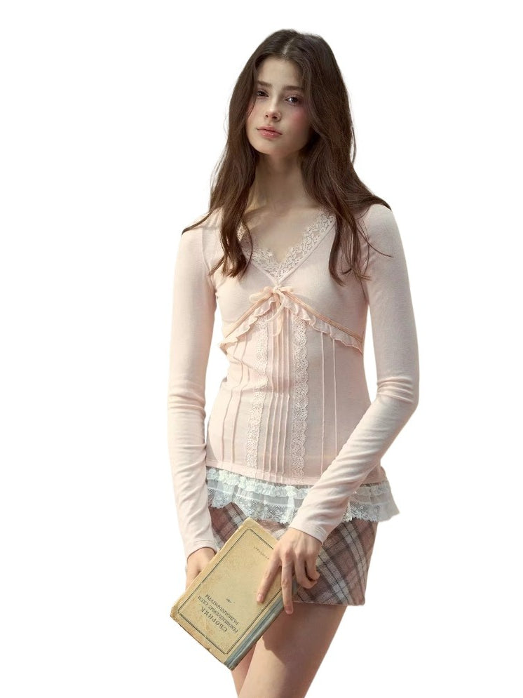 Wool Lace V-neck Trimmed Long Sleeve