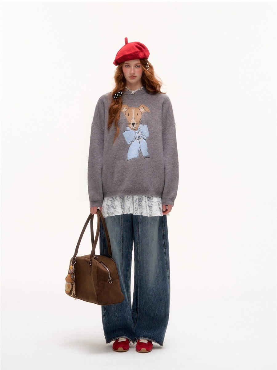 Bow-Knot Puppy Jacquard Pullover Sweater