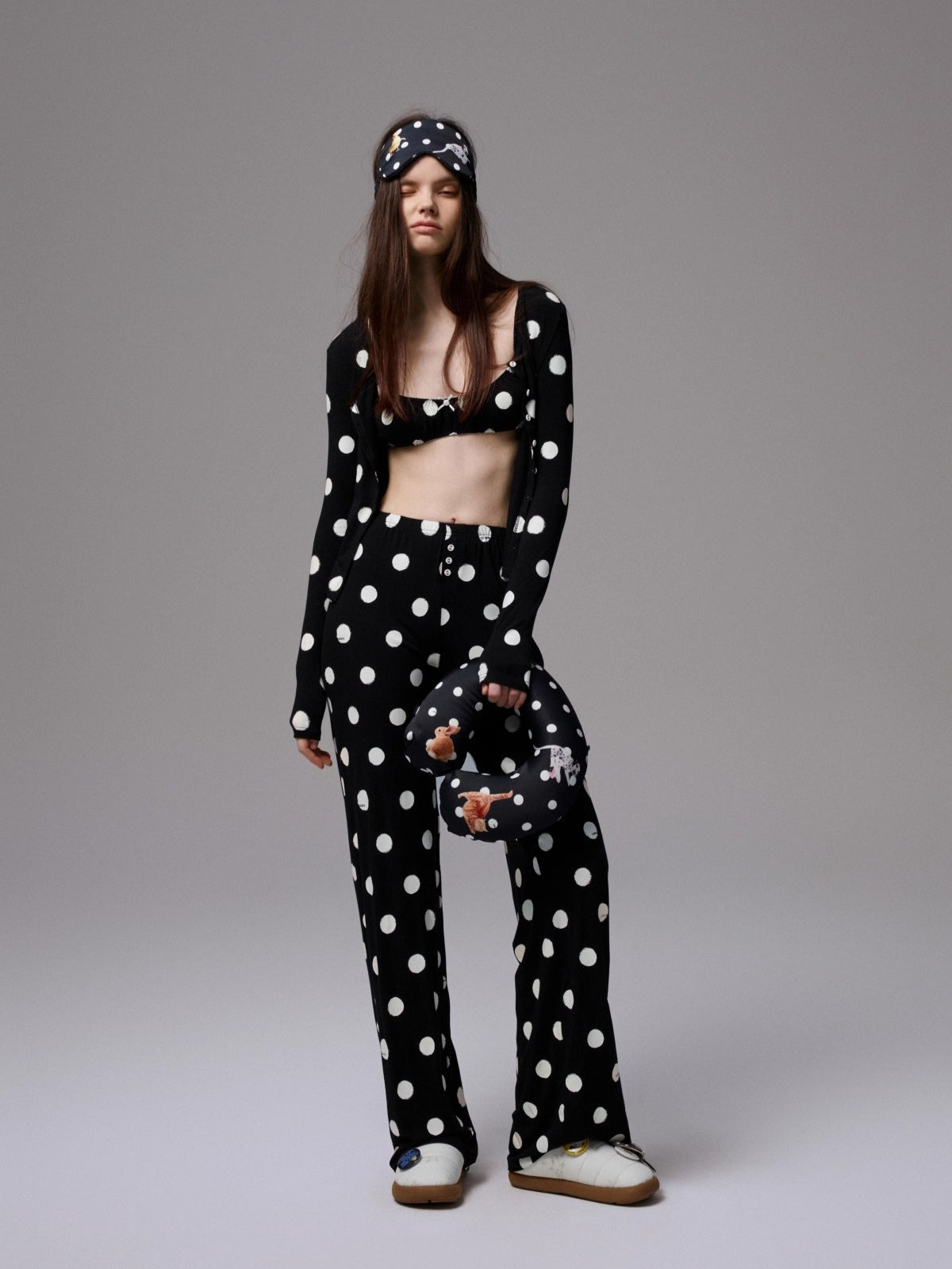 Polka Dot Contrast Knit Cardigan & Lounge Pants Set