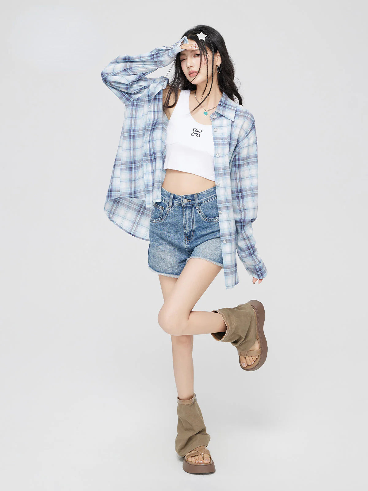 Blue Plaid Embroidered Sunscreen Shirt