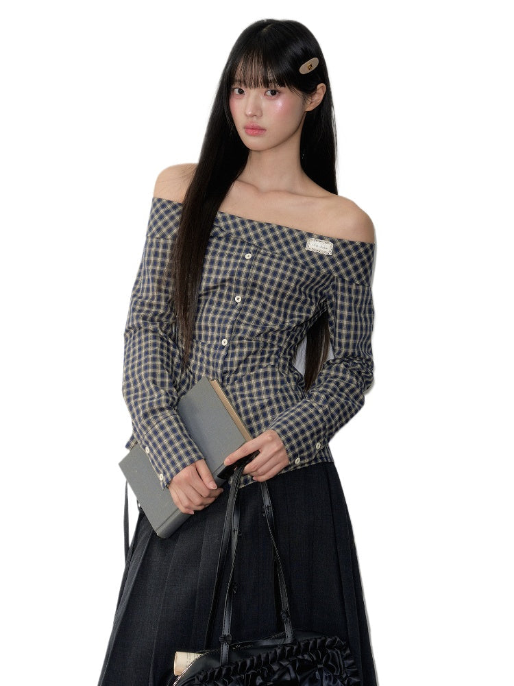 One-Shoulder Waist-Cinching Checked Shirt