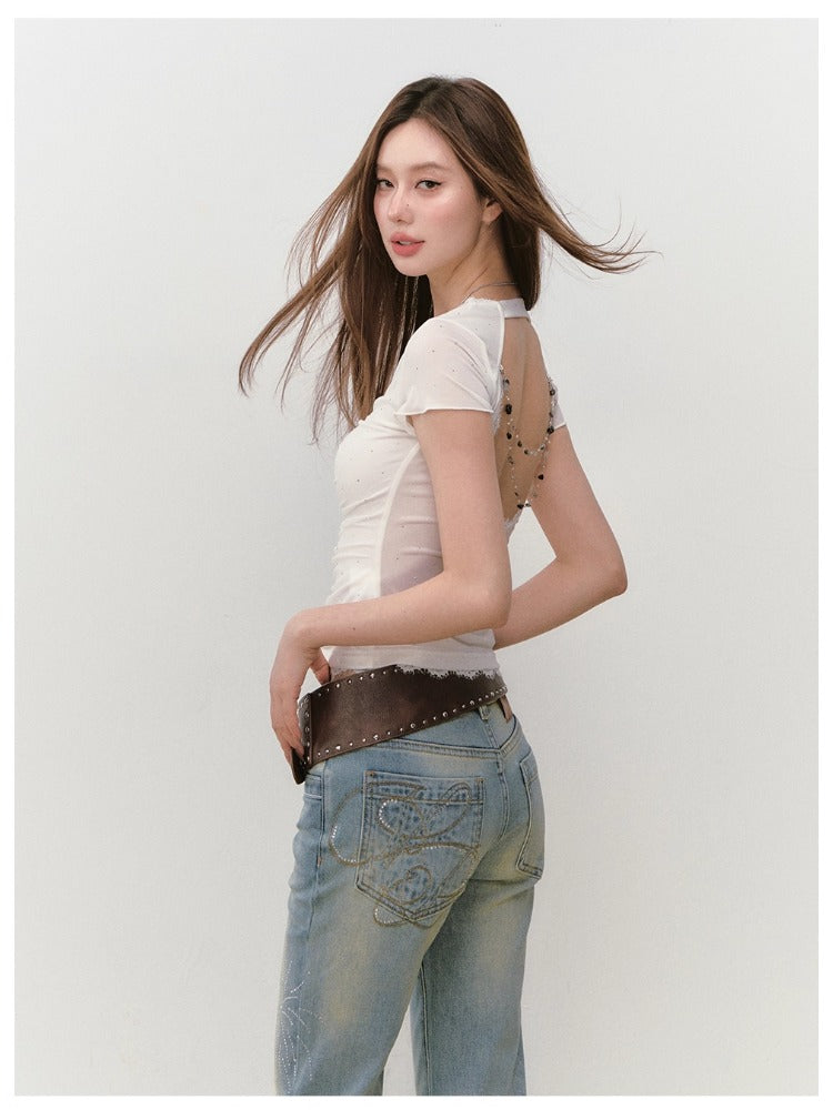 Acetate Lace Backless Beaded Short-sleeve T-shirt