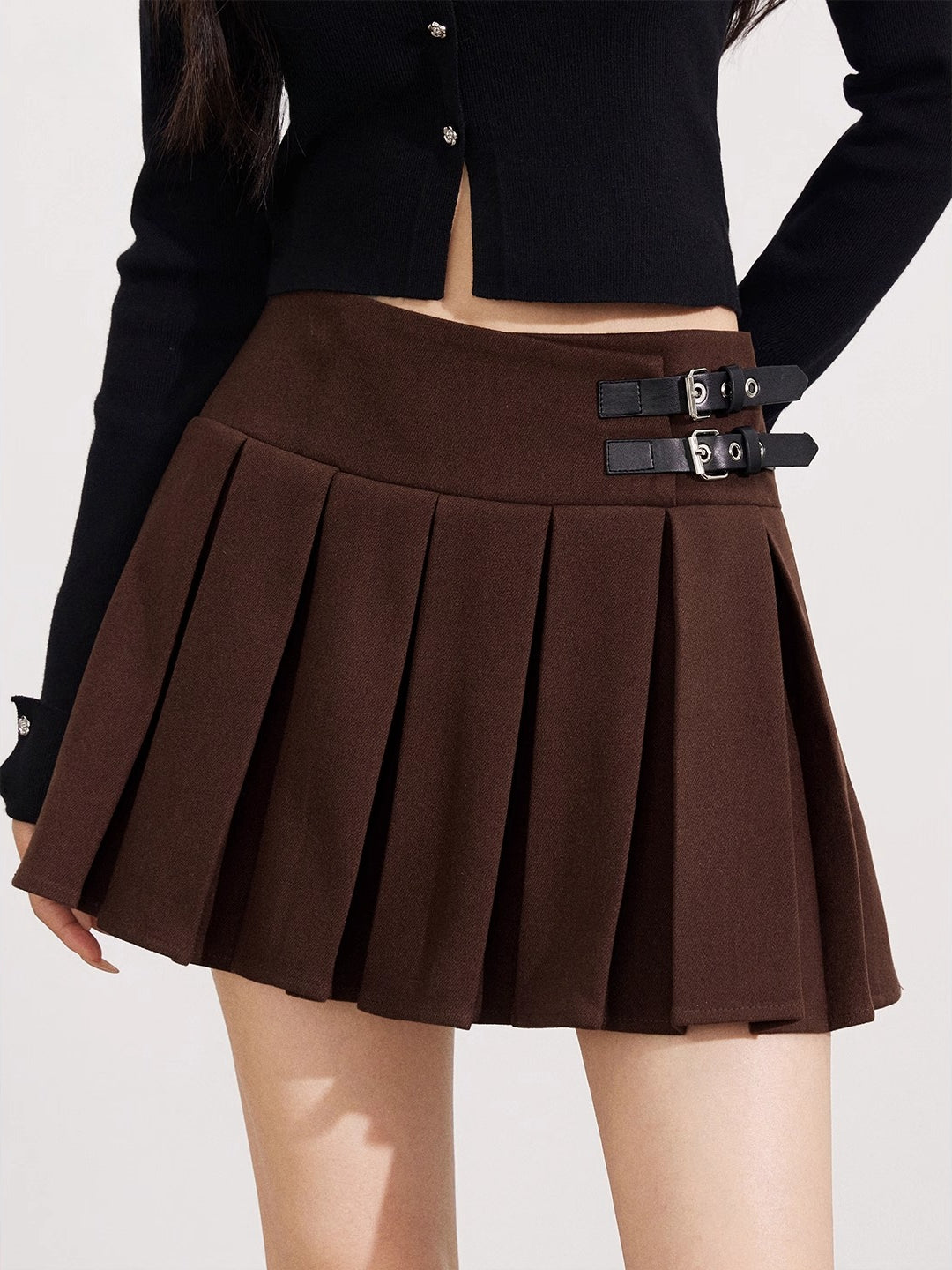 Plaid & Brown Wool Pleated Mini Skirt