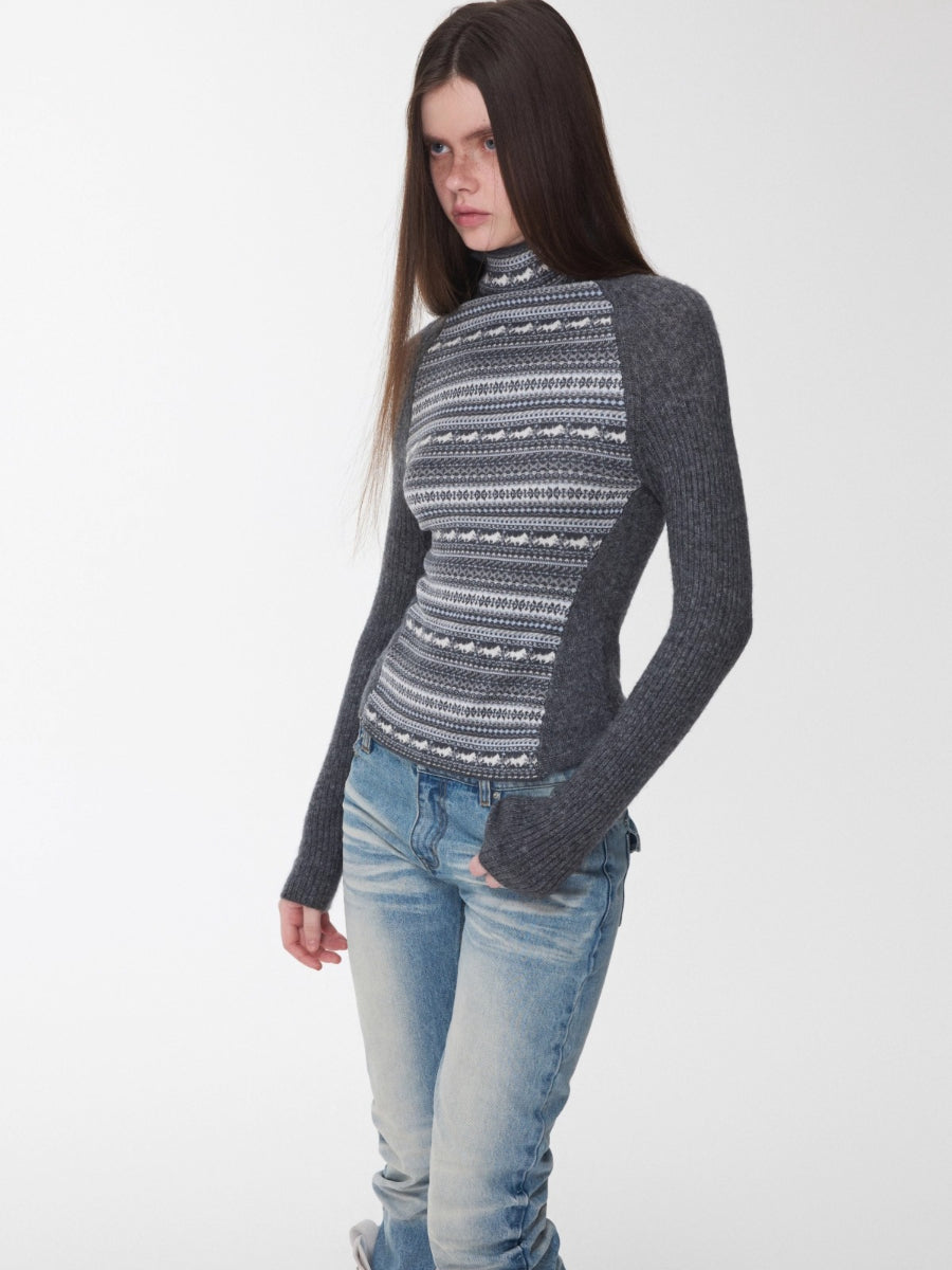 Fair Isle Turtleneck Raglan Sleeve Colorblock Knit Base Layer