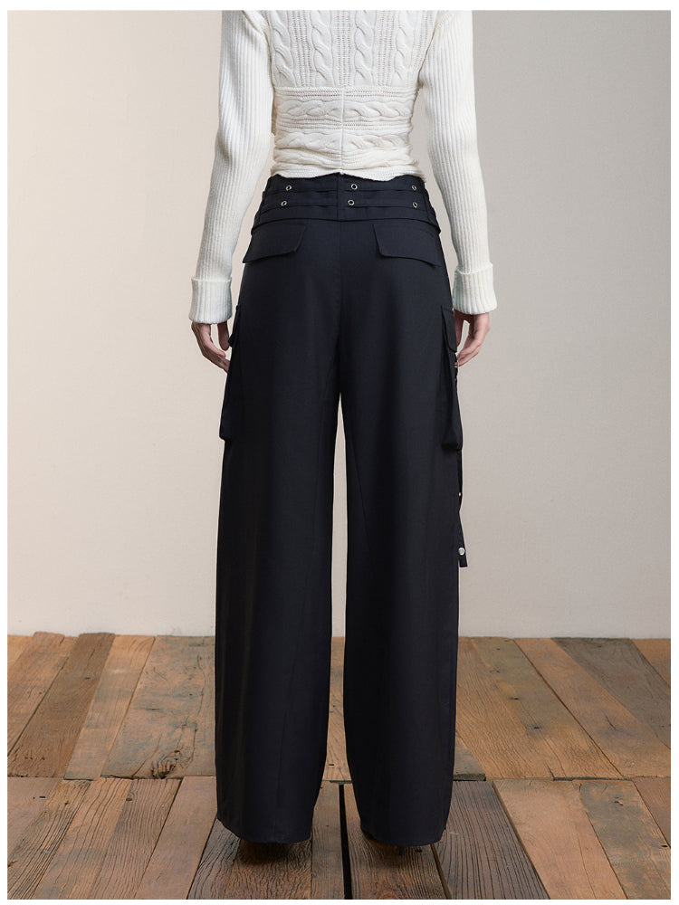 Folded Waist Three-Dimensional Pocket Casual Pants