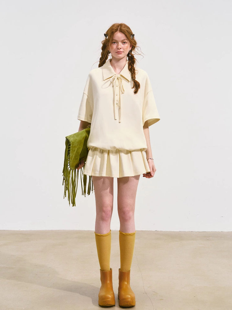 Bowknot Pleated Short-sleeved Dress