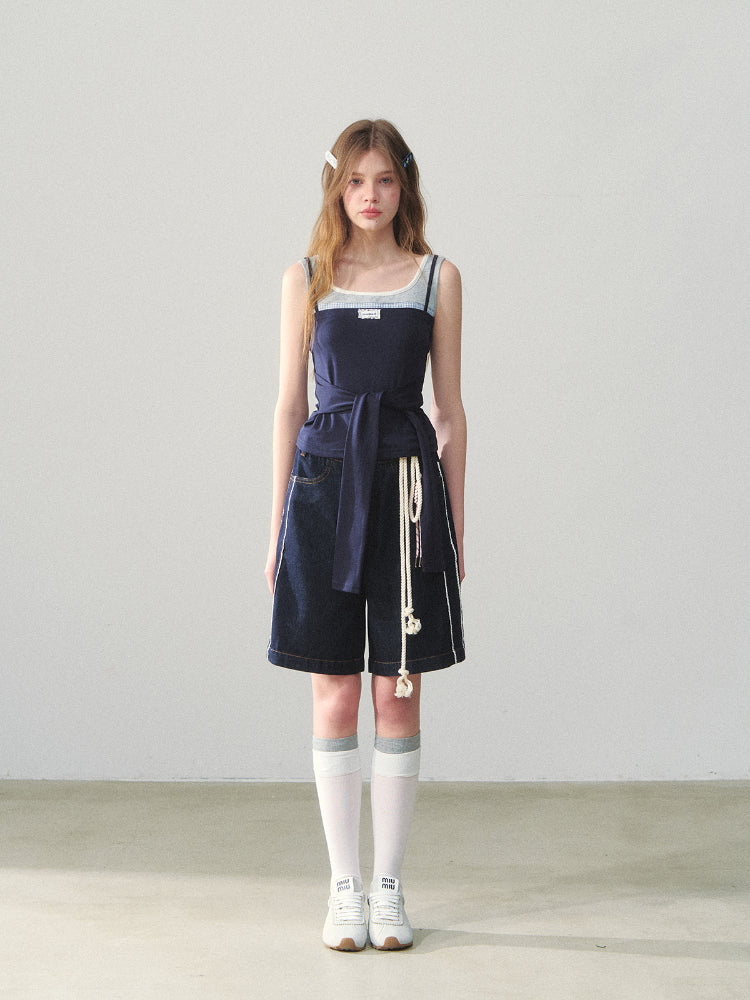 Lace-adorned Polka-dot Denim Capri Pants