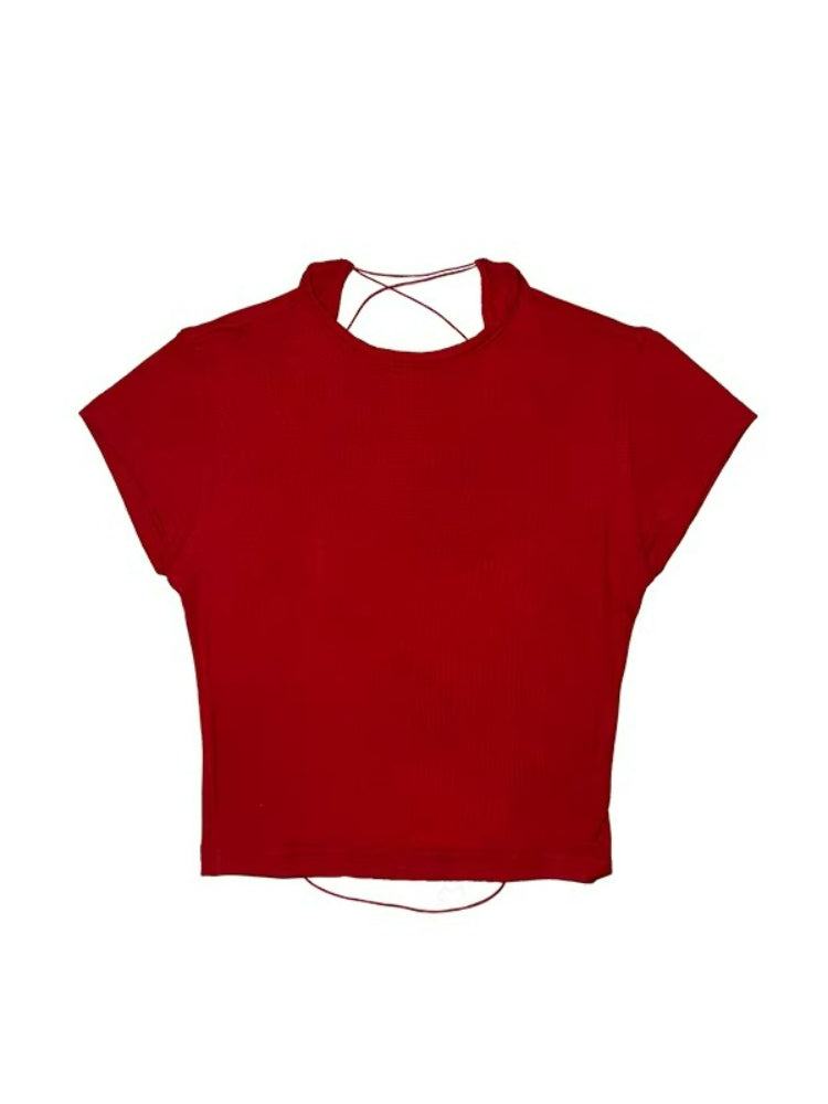 Red Backless Tie Crop Tee