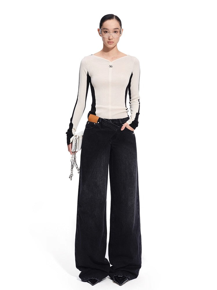 Contrast-Trim Fitted Knit V-neck
