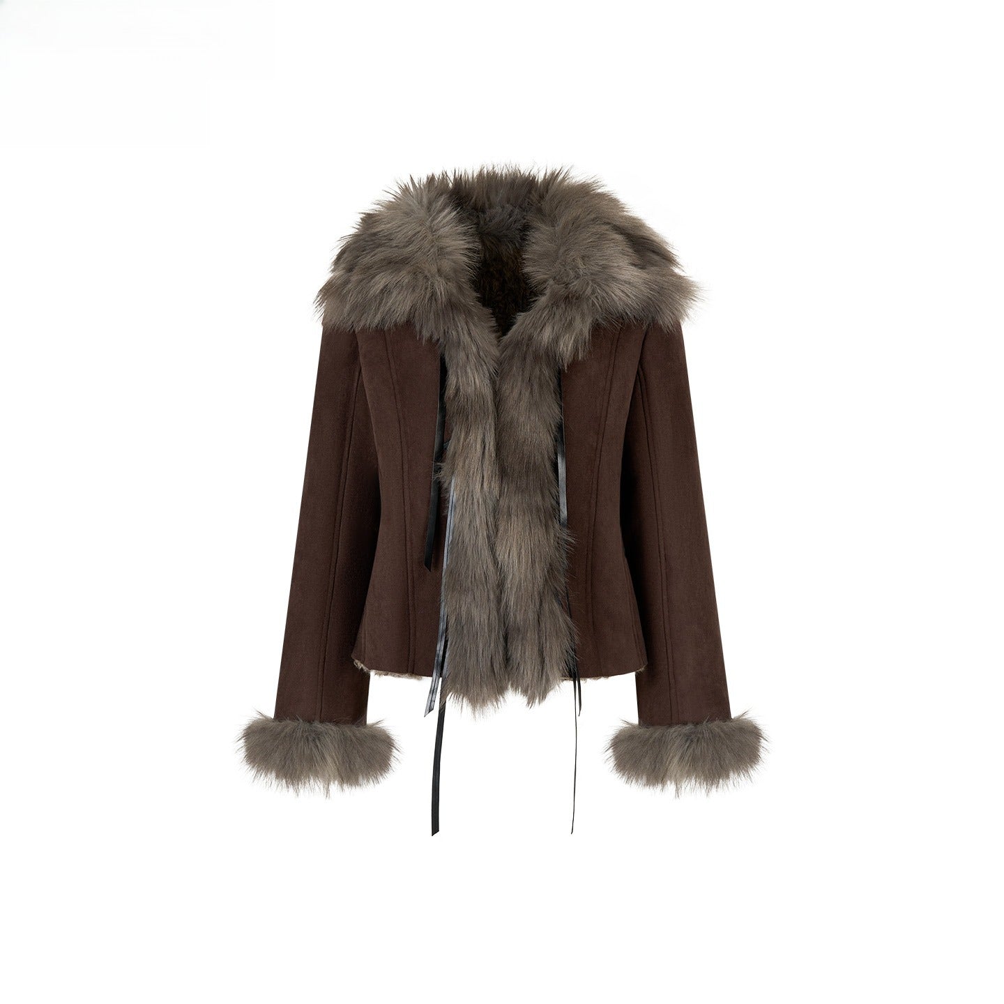 Bow Knot Tie Faux Leather Fur Combo Jacket