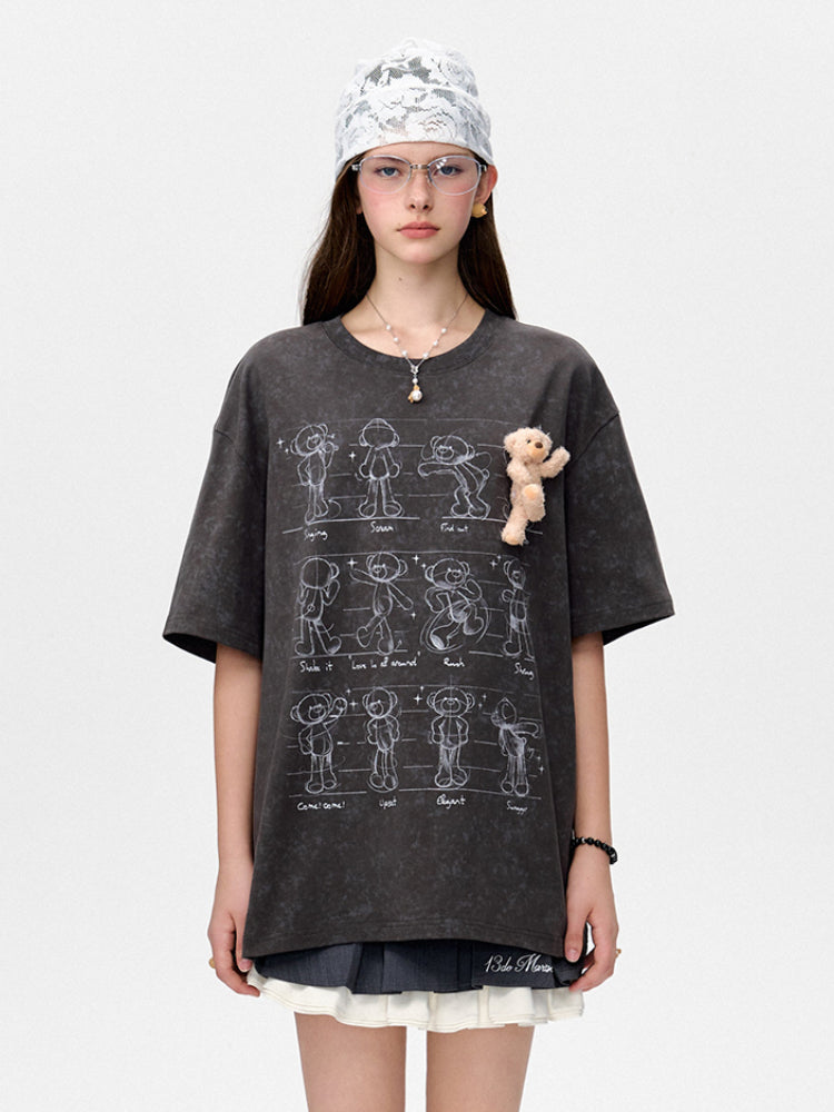 Draft Bear Illustration Round-Neck T-Shirt