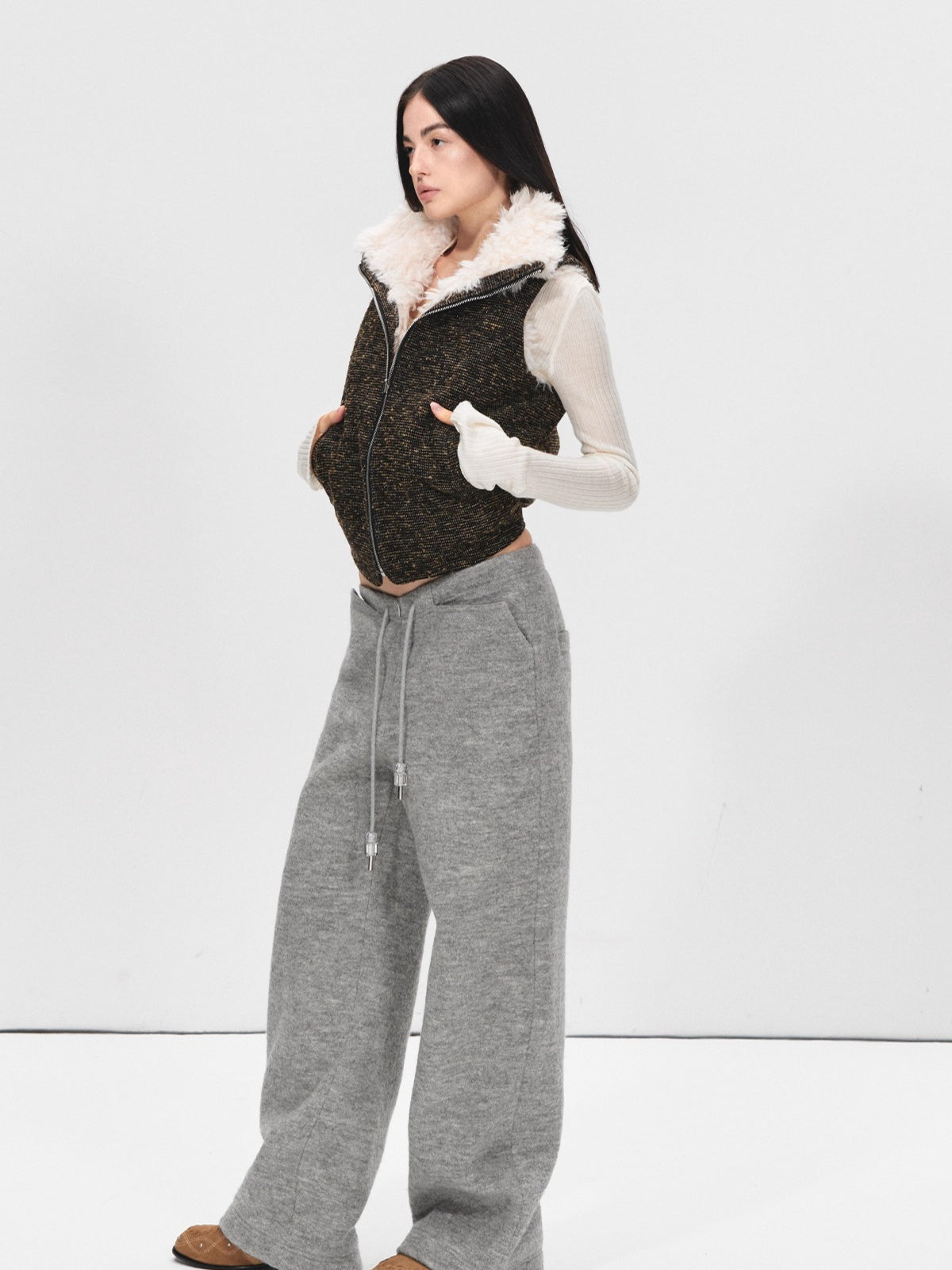 Reversible Wool Blend Faux Fur Vest Jacket