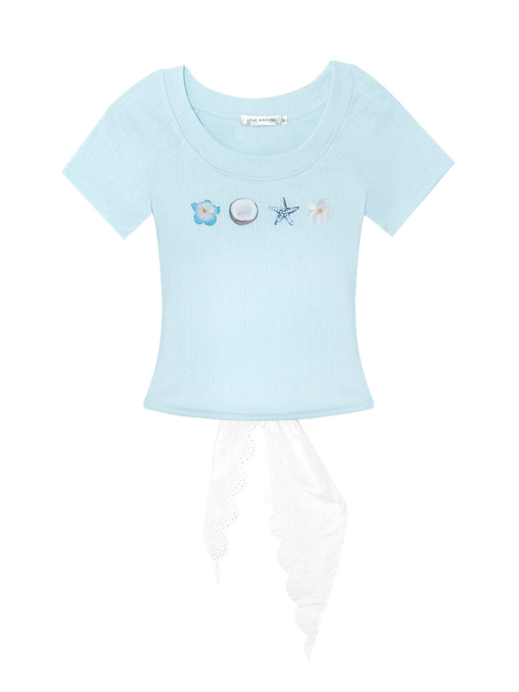 Crew Neck Printed Backless Embroidered T-Shirt