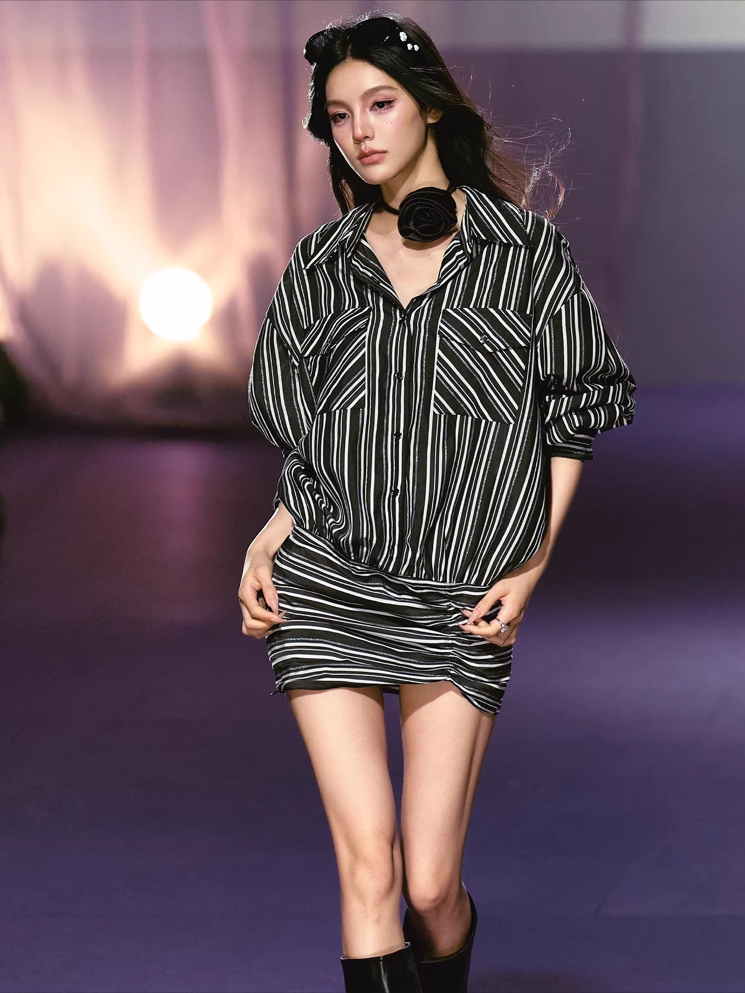 Detachable Floral Striped Shirt Dress