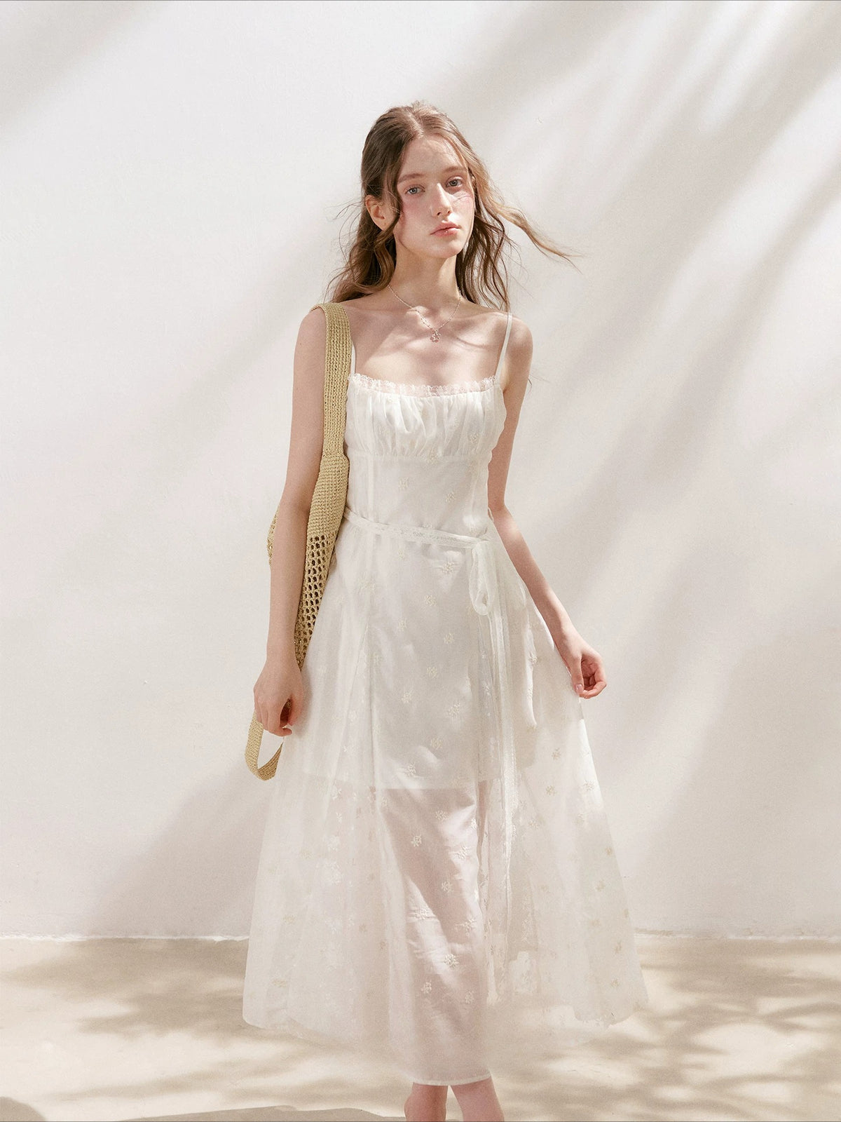 Apricot Embroidered Lace Midi Dress