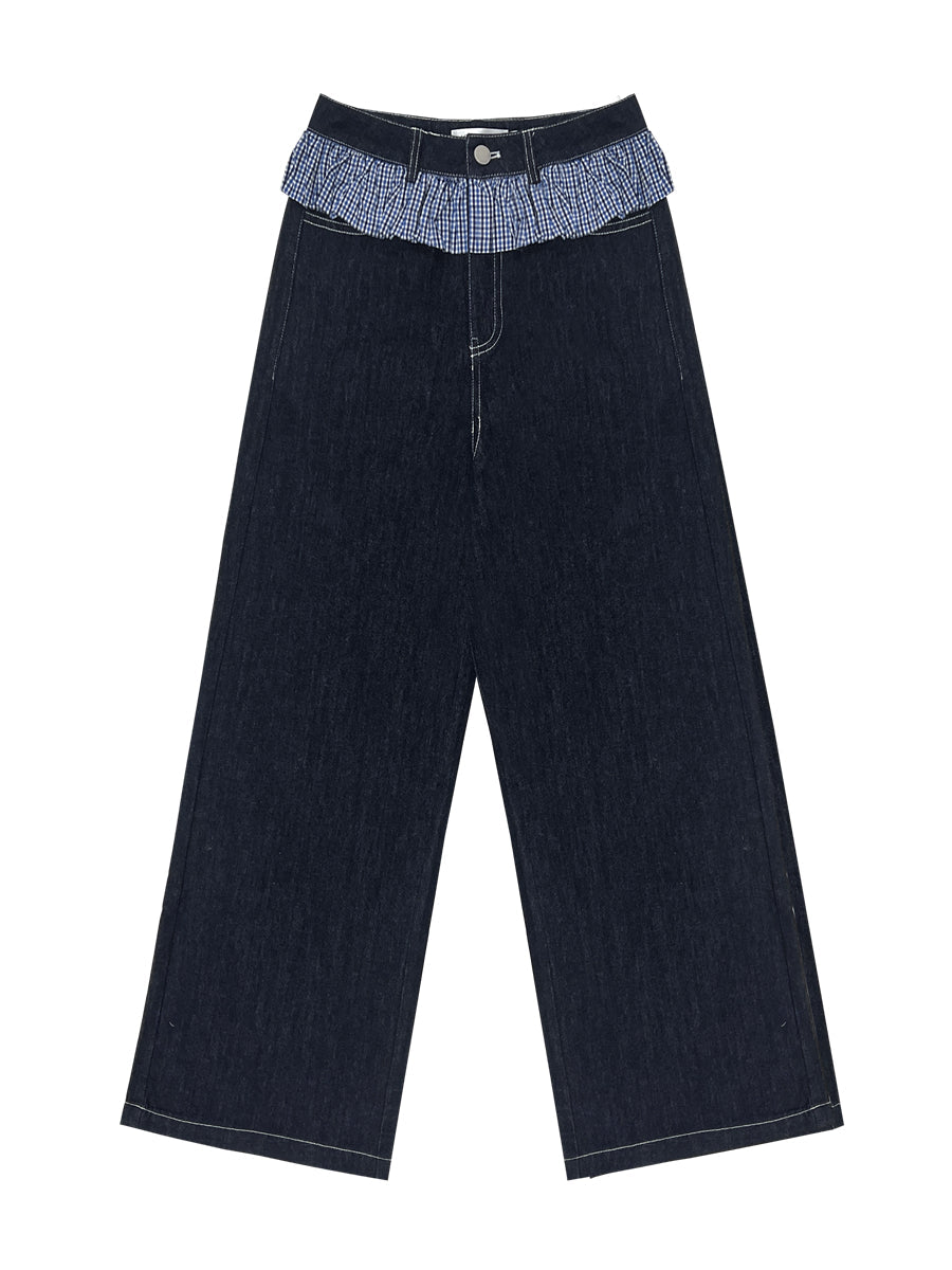 Ruffled Plaid Patchwork Straight Jeans