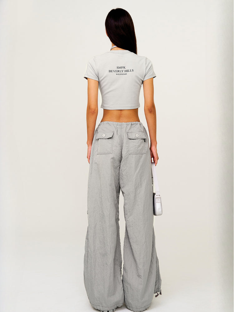 Drawstring Wide-Leg Cargo Workout Pants
