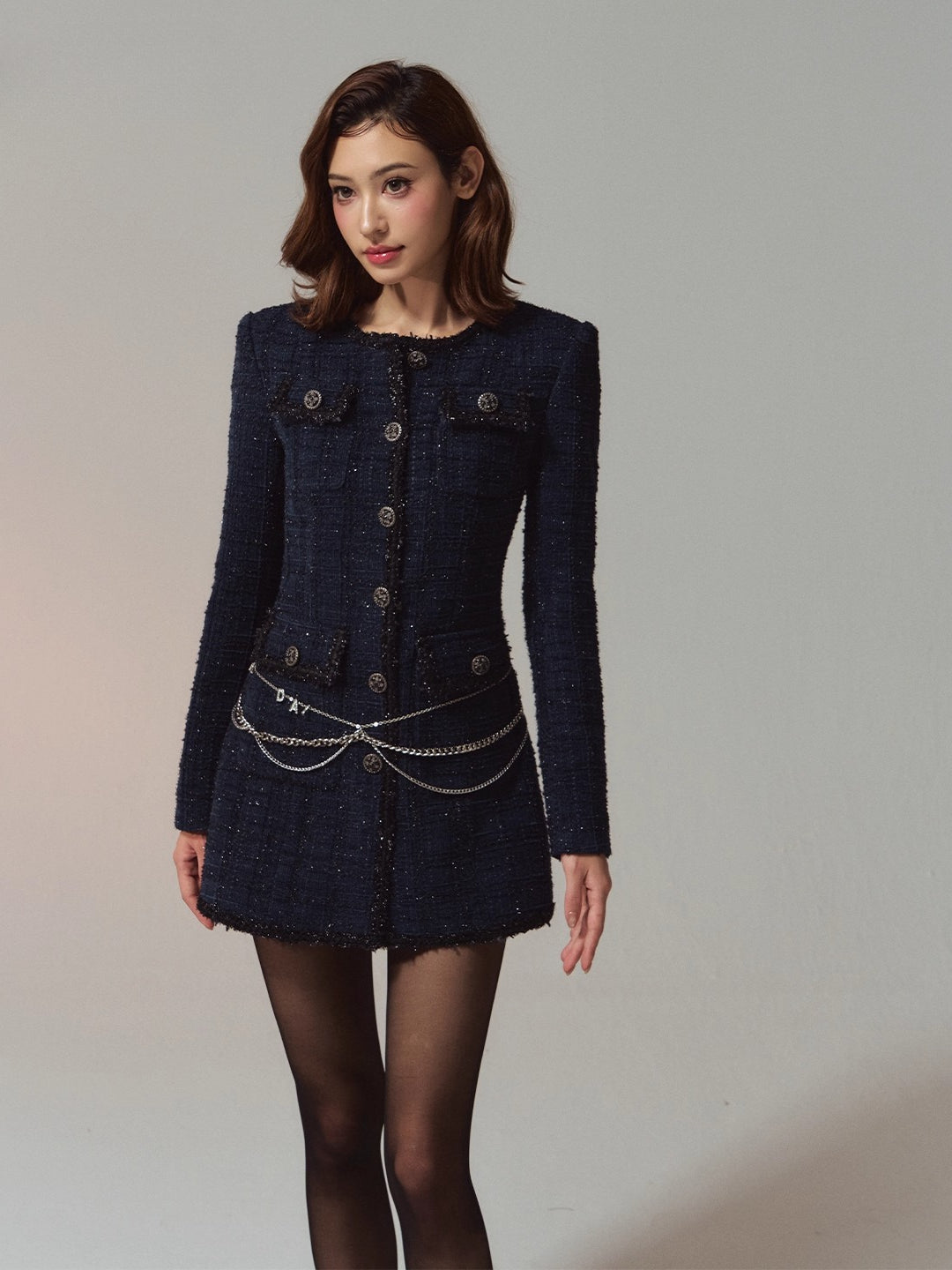 Scottish Wool-Blend Tweed Vintage Navy Fitted Dress