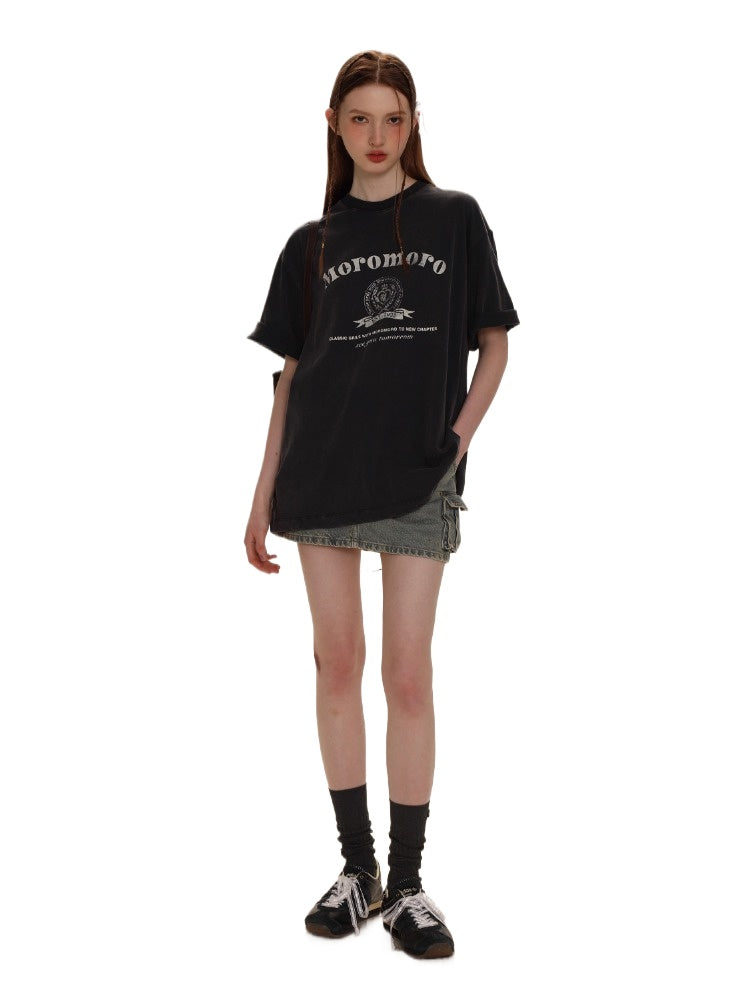 Navy Blue Distressed Print Loose T-Shirt