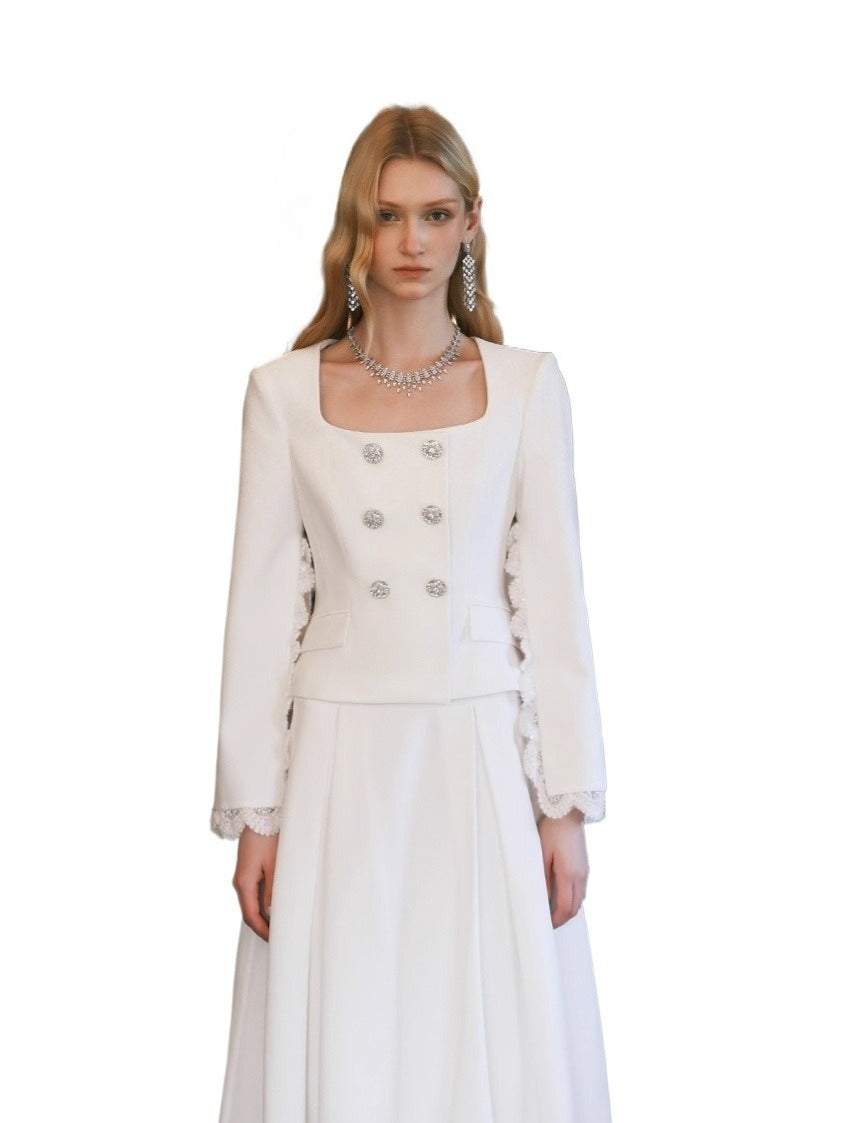 Mirage Vintage Lace-Collar Blazer & Flared Skirt Set