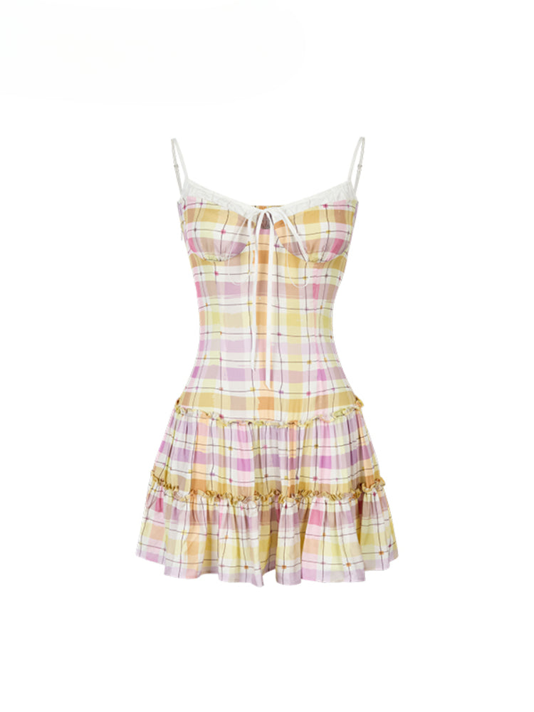 Fake Two-piece Plaid Spliced Cami Dress