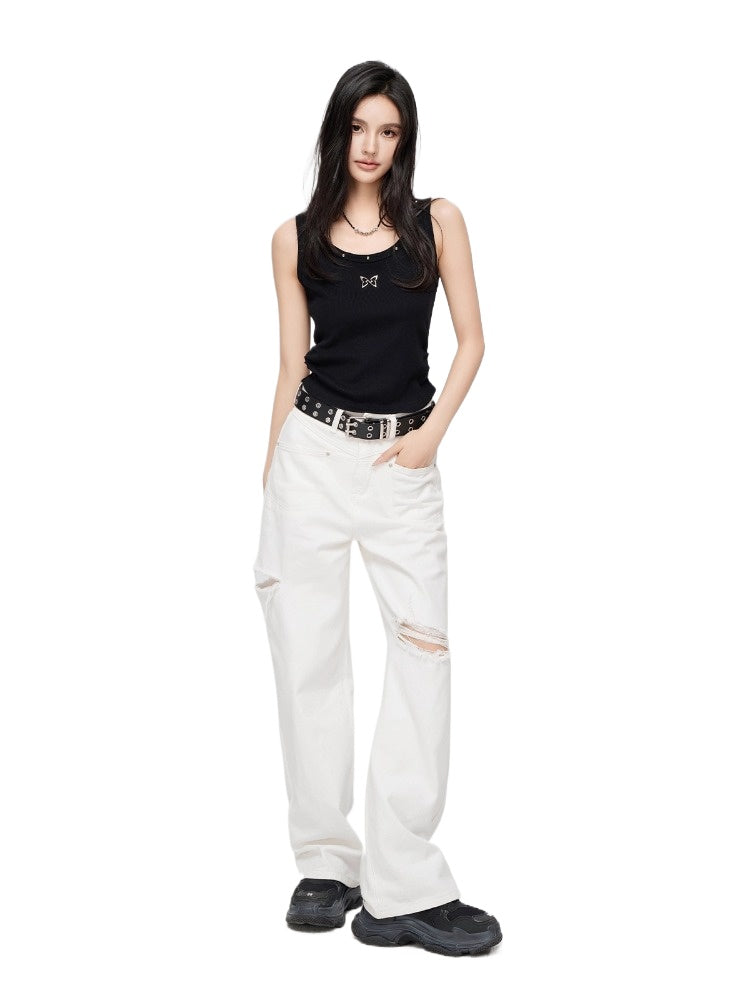 Ripped Denim Wide-Leg Pants