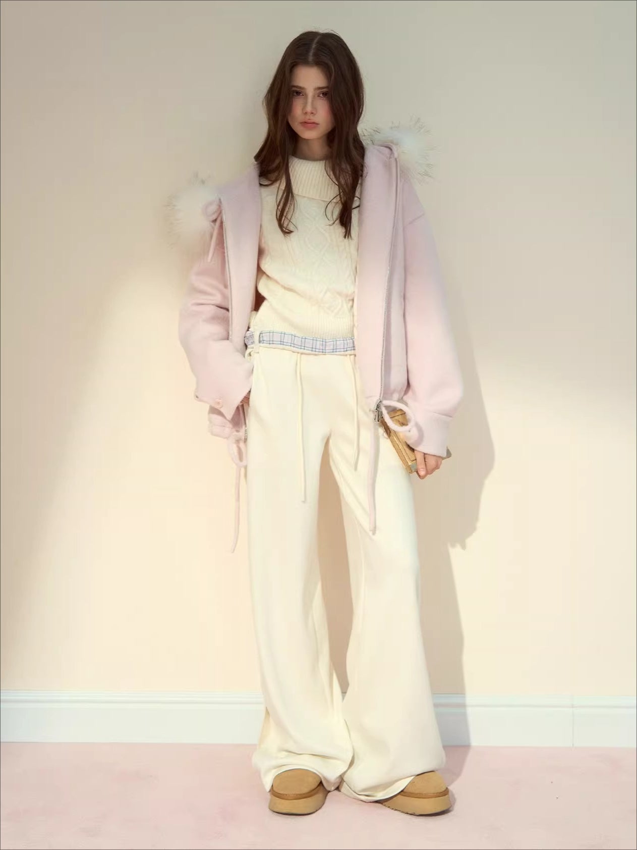 Checked Waist Wool Straight-Leg Pants