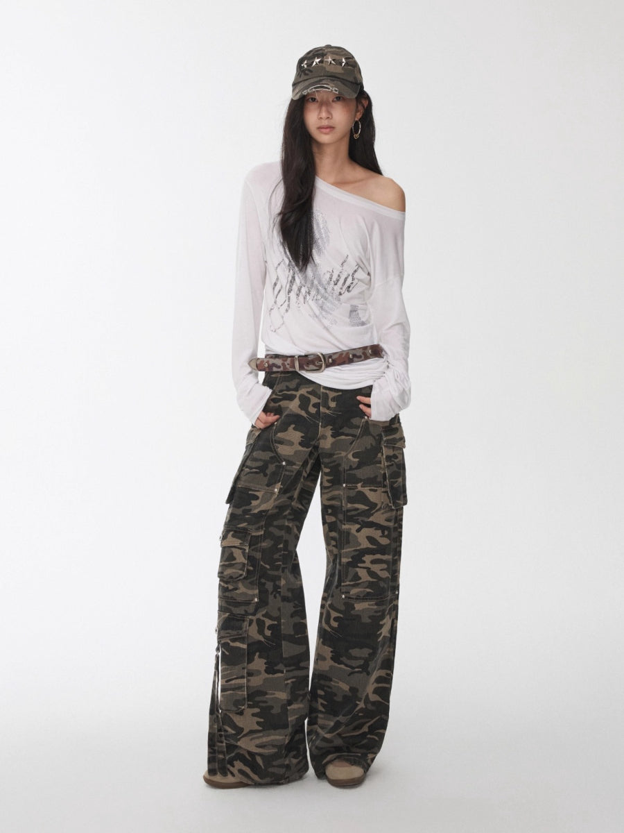 Washed Camo Multi-Pocket Cargo Wide-Leg Pants