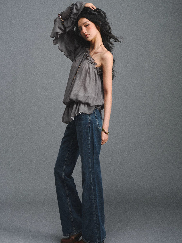 Turquoise One-Shoulder Chiffon Blouse