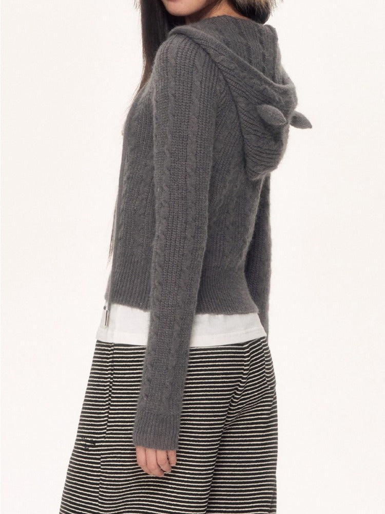 Grey Cat-Ear Knit Hoodie