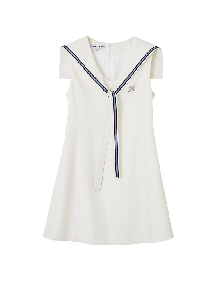 Navy Collar Color-Blocking Waist-cinching Dress