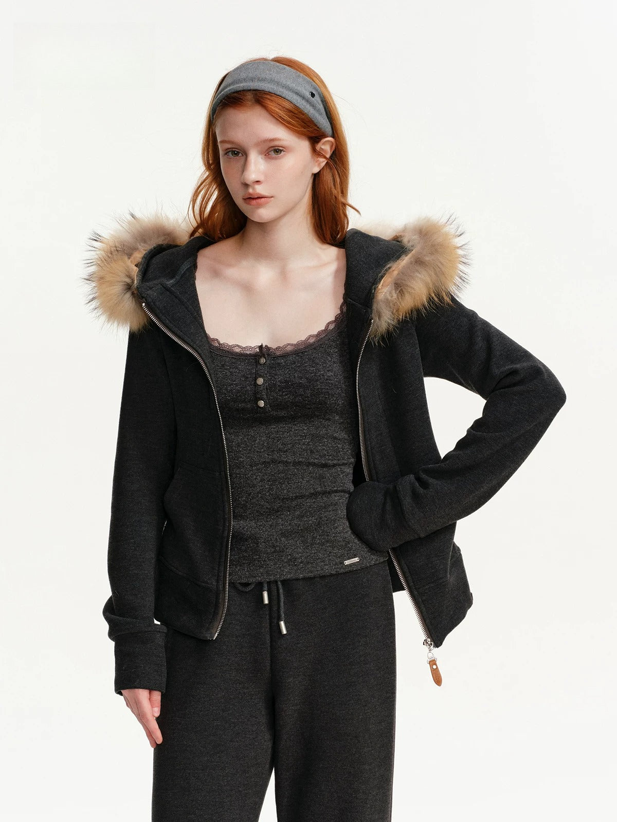 Detachable Fur Collar Tracksuit Set