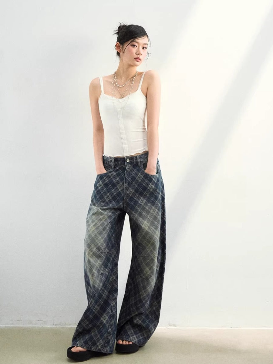 Plaid Wash Denim Pants