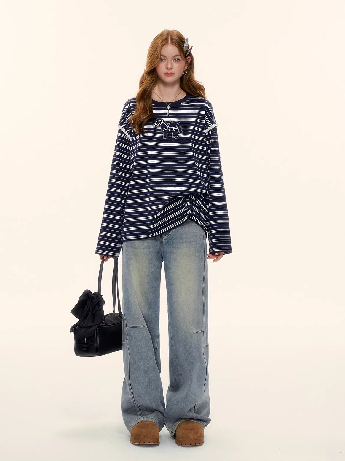 Washed Denim Curved-Cut Pants
